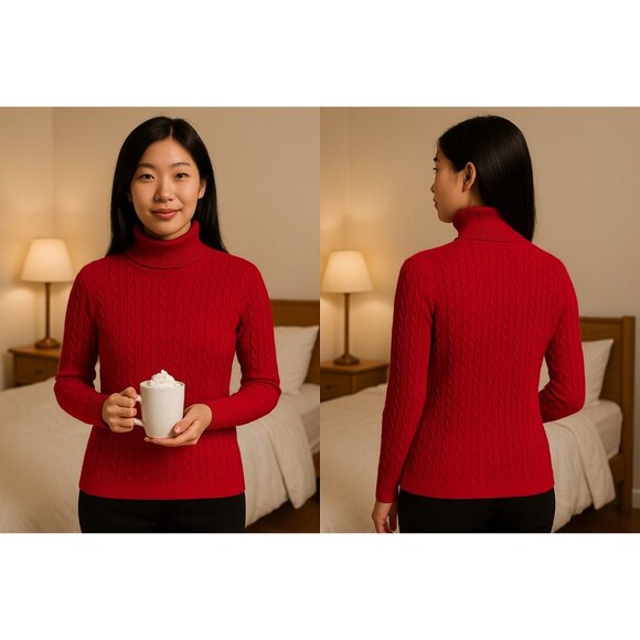Talbots Petites MP Red Cable Knit Turtleneck Sweater 100% Cotton Classic Fit - Picture 1 of 5